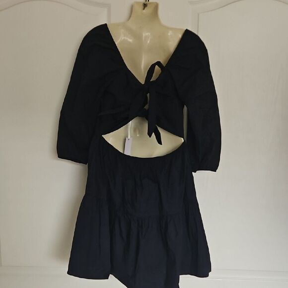 Adelyn Rae Navy BlueCotton Puff Sleeve A-line Dress - Picture 6 of 16